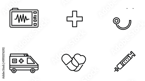 Medical Icons Collection: A curated collection of essential medical icons, from life-saving equipment to vital symbols, perfect for health and wellness visuals.