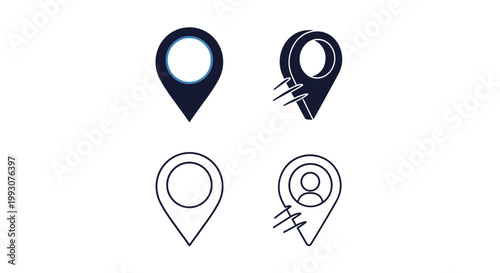 Collection of four different map location pin icons featuring various styles like solid, outline, and motion effects designs.