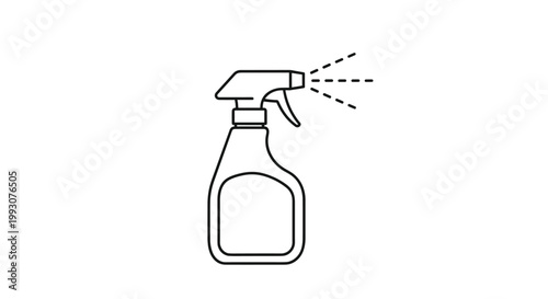 Plastic spray bottle is shown as a black and white line art icon emitting a fine mist for cleaning or gardening tasks.