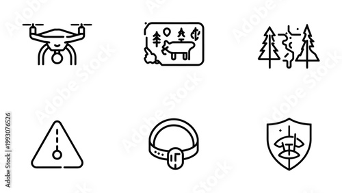 Modern Exploration Icons: A series of sleek icons depicting modern tools and symbols used in exploration and outdoor activities, with a focus on technology and environmental awareness.