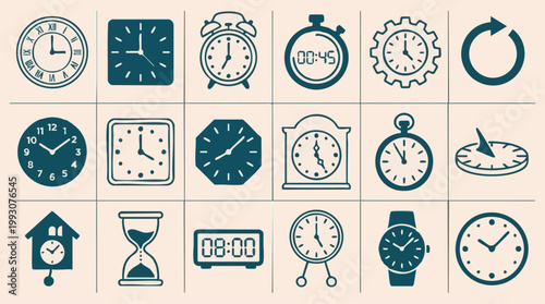 Time and Clock Icons Set: Analog, Digital, Stopwatch, Hourglass, Sundial
