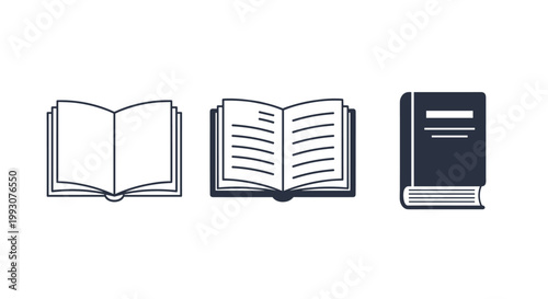 Trio of book icons including an open outline version a detailed open version and a solid closed version for library themes.