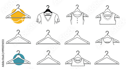 Assortment of clothes hangers alone and with various garments like shirts and tank tops for fashion and retail displays.