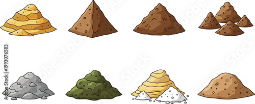 Colorful Pile and Heap of Sand Soil Dirt Gravel and Powder Material Vector Illustration Set for Construction Agriculture Mining and Natural Resource Concept Design