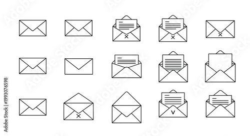 Comprehensive grid of fifteen mail icons showing various states of envelopes like open closed with letters and checkmarks.