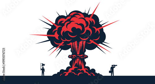 Dramatic red and navy blue silhouette of a massive explosion mushroom cloud with tiny human figures standing nearby.
