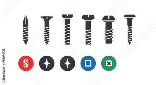 Selection of six different hardware screw types shown with their matching drive head icons in various colors and shapes.