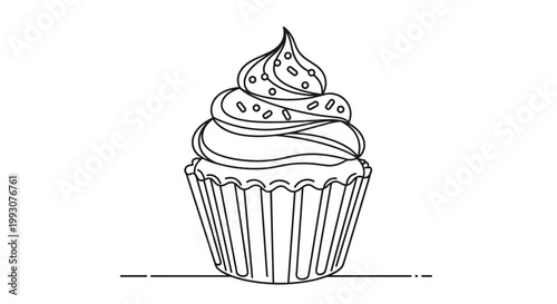 Cupcake illustration features a simple black and white line drawing of a delicious dessert with swirled frosting and decorative sprinkles on top.