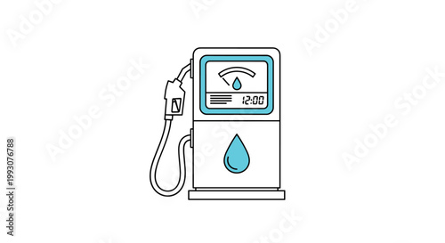 Gasoline pump station is illustrated in a simple line style with blue accents on the display and water droplets signifying fuel or liquid.