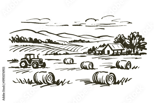 Farm landscape with tractor ink sketch vector illustration