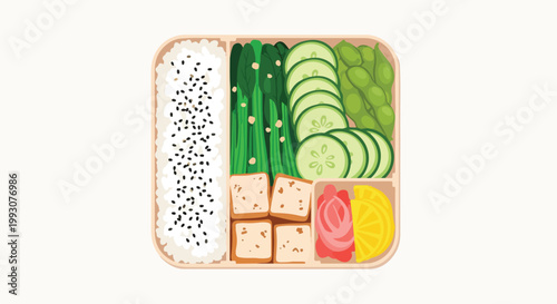 Healthy Japanese Bento Box Lunch with Tofu and Vegetables.