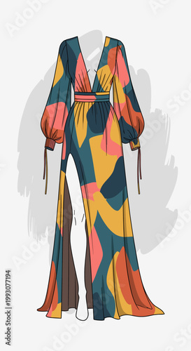 A vibrant, flowing maxi dress with a plunging neckline, voluminous balloon sleeves, and a high slit, adorned with an abstract geometric print in warm, earthy tones.