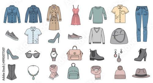 A comprehensive collection of fashion items and accessories for women, including clothing, shoes, bags, and jewelry, presented in a clean, flat illustration style.