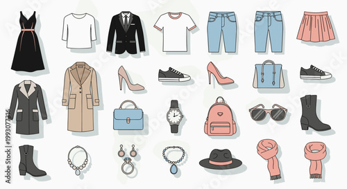 A curated collection of stylish clothing and accessories for a modern wardrobe, showcasing dresses, coats, shoes, bags, and jewelry.