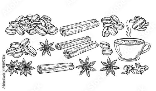 Elegant line art coffee illustration with beans spices and steaming cup in minimal black vector style