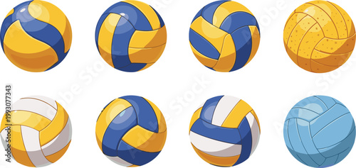 Colorful Volleyball Ball Vector Illustration Set Featuring Various Glossy and Textured Sports Ball Designs in Blue Yellow and White for Beach Indoor Game and Athletic Concept Design