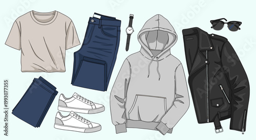 A flat lay collection of casual men's clothing and accessories, including a t-shirt, jeans, sneakers, hoodie, leather jacket, watch, and sunglasses.