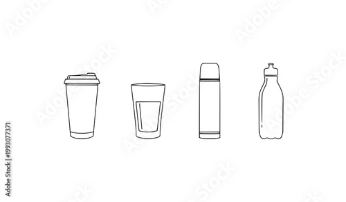 Elegant thin line drink container icons with travel mug glass thermos and bottle in minimal vector style