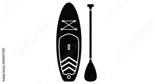 Stand up paddle board and paddle in black a flat design silhouette