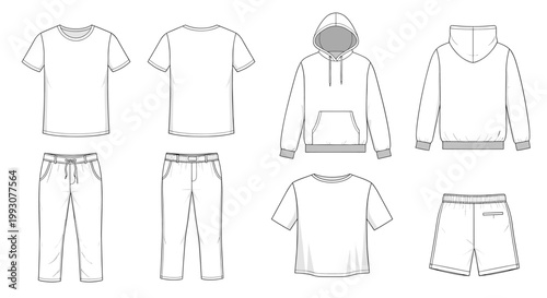 Collection of casual clothing items including t-shirts, hoodies, pants, and shorts, presented as line art.