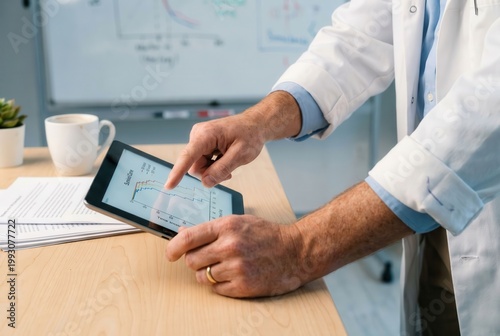 Man in white coat pointing at survival curve on tablet at table