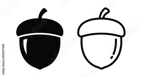 Two acorns depicted in a minimalist black and white style silhouette