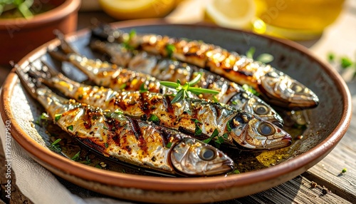 grilled sardines on a rustic plate, Mediterranean style, outdoor setting