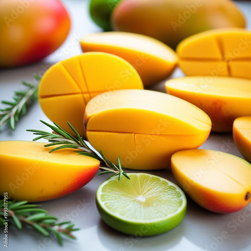 Vibrant tropical fruit arrangement featuring ripe mangoes, limes, and herbs.