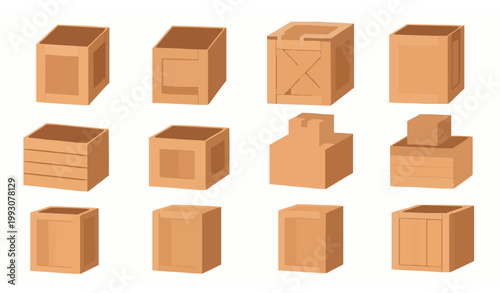 Wooden shipping crates and delivery boxes set with empty and packed cargo containers isolated on white background vector illustration