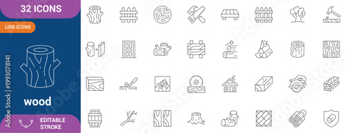 Wood Icon Set. Containing Timber, Lumber, Tree, Forest, Nature, Wooden Texture, Carpentry, Furniture, Log, Material and etc . Line Icon. Editable Stroke. Vector file