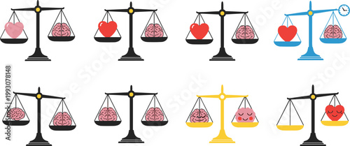 Heart and Brain Balance Scale Vector Illustration Set Representing Emotion Versus Logic Love and Reason Decision Making Concept for Psychology Mental Health and Wisdom Design