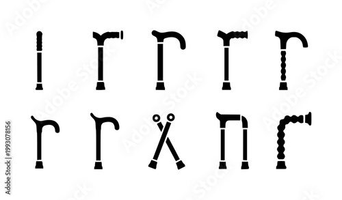 Elderly walking stick icon set with simple cane silhouettes for accessibility and healthcare design isolated on white background