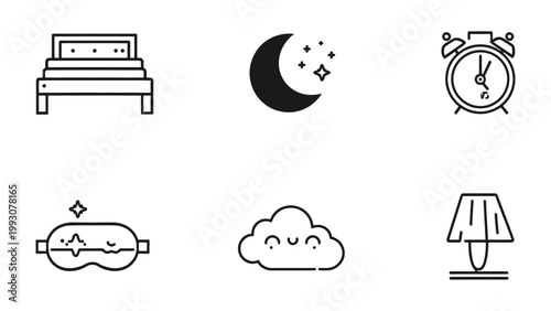 Sleep Elements Illustration: A collection of simple, black and white line illustrations depicting key elements associated with sleep, dreams, and rest.