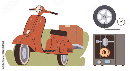 Delivery services, 3D printing, automotive maintenance, innovation, logistics, retro mobility. Classic scooter with a box, tire air pressure gauge and a 3D printer. Focus on delivery services and 3D