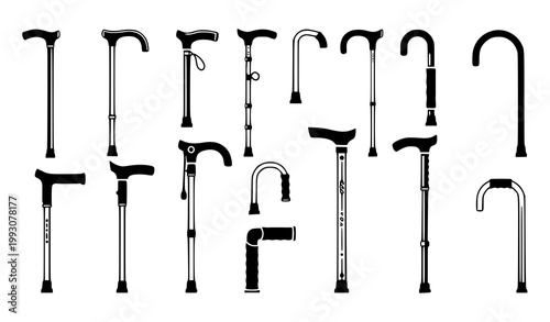 Medical walking cane silhouette collection with different support stick designs isolated on white background vector icon set