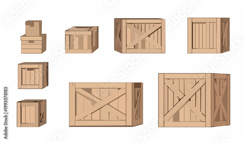 Wooden parcel boxes and shipping crates collection for logistics and delivery service isolated on white background vector illustration
