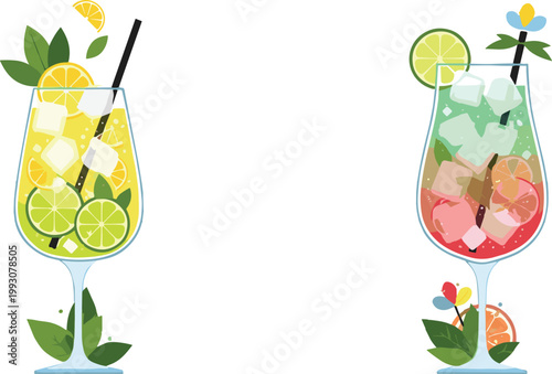 Fresh Citrus Cocktail Illustration Set Featuring Lemon and Lime Drinks with Ice Cubes, Mint Leaves, and Colorful Mixed Beverages for Summer Refreshment Design