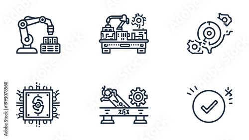 Manufacturing Icons Set: A comprehensive collection of meticulously crafted icons, each representing different facets of modern manufacturing processes, from robotic arms to microchips.