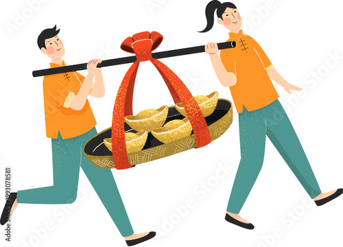 Two people carrying gold ingots together