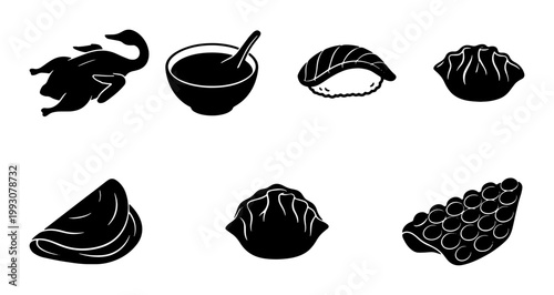Bild auf Leinwand Asian food icon set with 7 black silhouettes, traditional Chinese and Japanese c