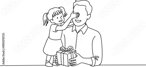 Girl covers father's eyes holding a surprise gift daughter