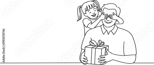 Father and daughter with gift and covered eyes on white background