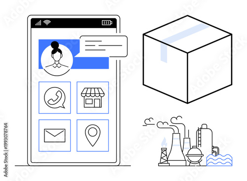 Digital communication, logistics, industry, e-commerce, technology, business. A smartphone screen displays digital icons and a profile, beside a cube and industrial buildings. Digital communication
