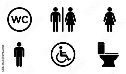 Bild auf Leinwand Minimalist WC restroom icons set, black toilet signage symbols for public facili