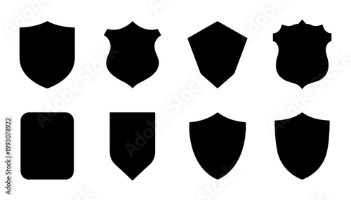 Heraldic shield silhouettes set, 8 black security icons and crest shapes, protective guard symbols for logo design and branding identity, vector graphics