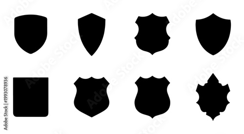 Heraldic shield silhouettes set, 8 black security icons for logo design, medieval armor crest shapes, protective guard symbols for branding