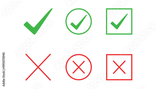 Green check mark and red cross checkbox icons in circle and square shapes for approval rejection yes no validation and UI design 