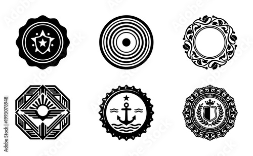 Vintage heraldic badges and retro insignia collection, set of 6 black and white vector emblems, classic nautical and military style logo elements