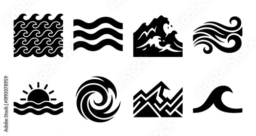 Minimalist ocean wave icons set, black sea water symbols vector, 8 abstract nautical wave elements for logo design and branding