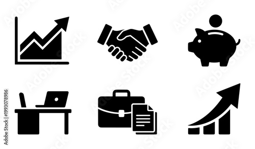 Business and finance icon set, black solid vector symbols for corporate growth, professional banking and investment graphics, 6 flat icons